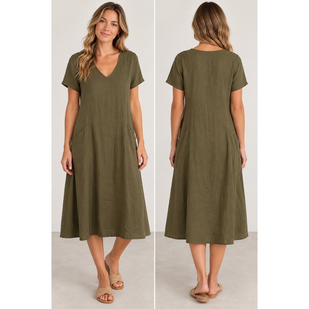 FLAX 100% Linen Midi Dress Olive Green V-Neck Pockets Coastal Lagenlook Women Sm